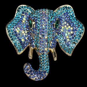 Elephant Crystal Brooch Pin Aqua Blue Gold Tropical Nature Glam Bling Retro